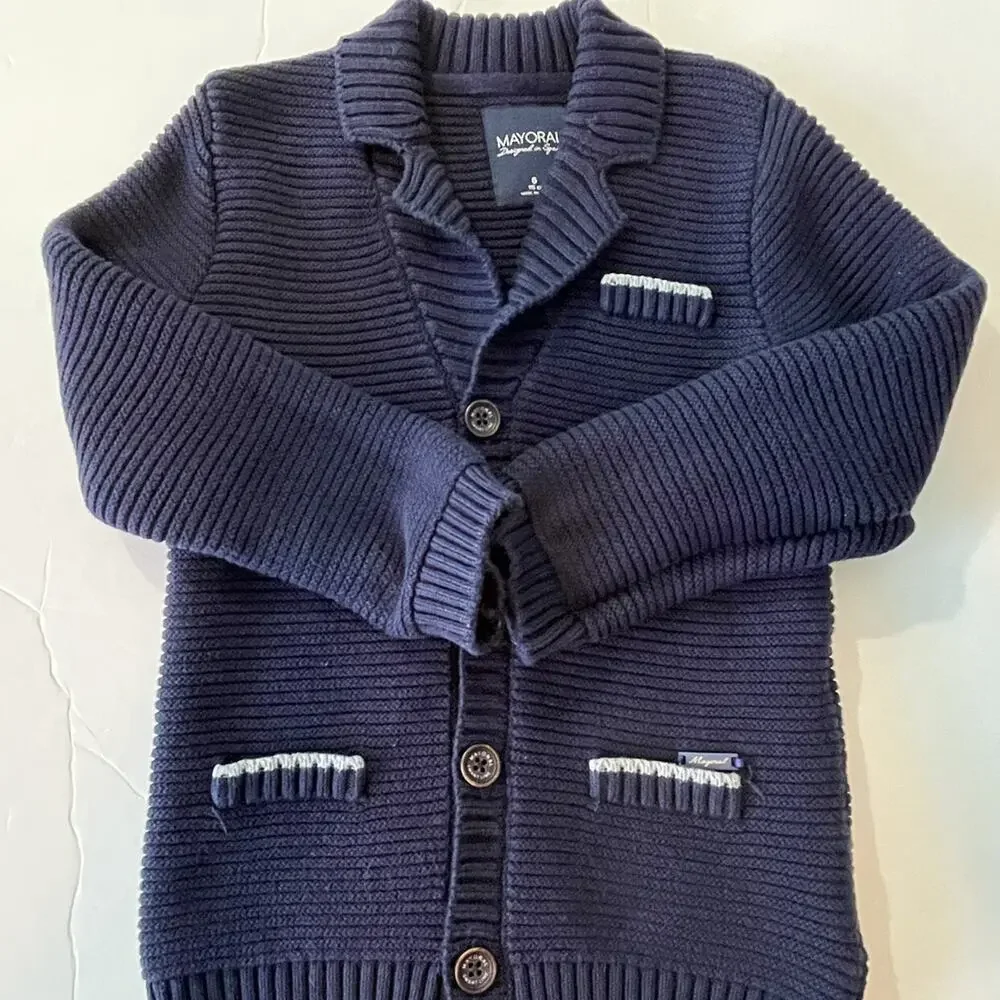 Mayoral Navy Boys Grandpa Shawl Collar Ribbed Button Cardigan Sweater Size 6